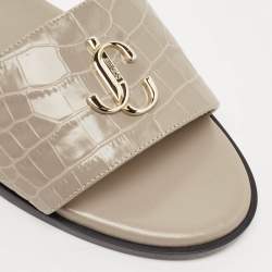 Pre Owned Jimmy Choo Grey Cro Embossed Leather JC Flat Slides Size 38.5