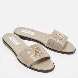 Pre Owned Jimmy Choo Grey Cro Embossed Leather JC Flat Slides Size 38.5
