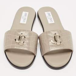 Pre Owned Jimmy Choo Grey Cro Embossed Leather JC Flat Slides Size 38.5