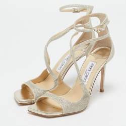 Jimmy Choo Metallic Gold Coarse Glitter Azia Sandals Size 37.5