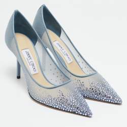 Pre Owned Jimmy Choo Blue Mesh Crystal Embellished Love Pumps Size 37