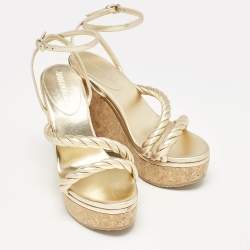Jimmy Choo Gold Leather Diosa Wedge Sandals Size 38.5