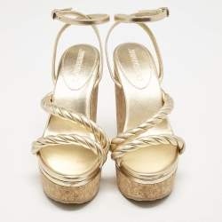 Jimmy Choo Gold Leather Diosa Wedge Sandals Size 38.5