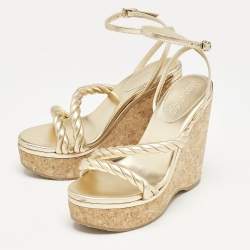 Jimmy Choo Gold Leather Diosa Wedge Sandals Size 38.5