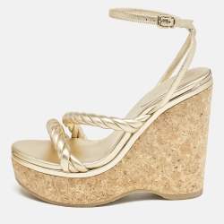 Jimmy Choo Gold Leather Diosa Wedge Sandals Size 38.5