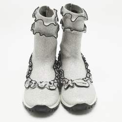 Jimmy Choo Silver Ruffle Knit Fabric Eugene Sneakers Size 38