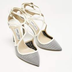 Jimmy Choo White/Black Raffia and Patent Leather Lancer Pumps Size 40.5