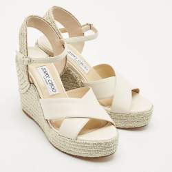 Jimmy Choo White/Gold Leather Dellena Wedge Sandals Size 36