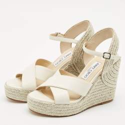 Jimmy Choo White/Gold Leather Dellena Wedge Sandals Size 36