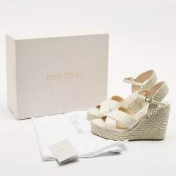 Jimmy Choo White/Gold Leather Dellena Wedge Sandals Size 36