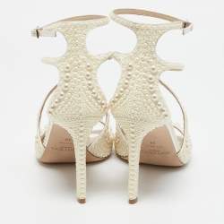 Jimmy Choo White Stain Pearl Embellished Azia Sandals Size 39