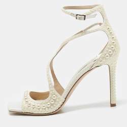 Jimmy Choo White Stain Pearl Embellished Azia Sandals Size 39