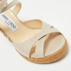 Pre Owned Jimmy Choo Beige Textured Cork Alanah Wedges Ankle Strap Sandals Size 39