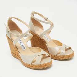 Pre Owned Jimmy Choo Beige Textured Cork Alanah Wedges Ankle Strap Sandals Size 39