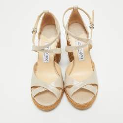 Pre Owned Jimmy Choo Beige Textured Cork Alanah Wedges Ankle Strap Sandals Size 39