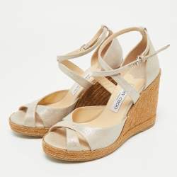 Pre Owned Jimmy Choo Beige Textured Cork Alanah Wedges Ankle Strap Sandals Size 39