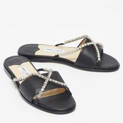Pre Owned Jimmy Choo Black Leather Aadi Flat Slides Size 39