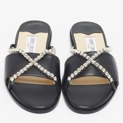 Pre Owned Jimmy Choo Black Leather Aadi Flat Slides Size 39