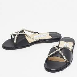 Pre Owned Jimmy Choo Black Leather Aadi Flat Slides Size 39