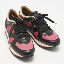 Pre Owned Jimmy Choo Tricolor Fabric and Leather Mix Trainer Lace Up Sneakers Size 36.5