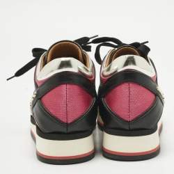 Pre Owned Jimmy Choo Tricolor Fabric and Leather Mix Trainer Lace Up Sneakers Size 36.5
