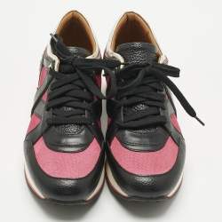 Pre Owned Jimmy Choo Tricolor Fabric and Leather Mix Trainer Lace Up Sneakers Size 36.5