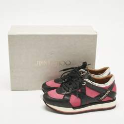 Pre Owned Jimmy Choo Tricolor Fabric and Leather Mix Trainer Lace Up Sneakers Size 36.5