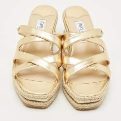 Pre Owned Jimmy Choo Gold Leather Wedge Slide Sandals Size 38
