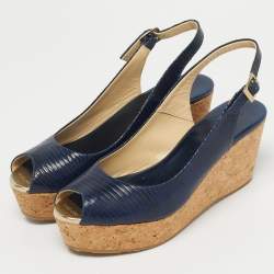 Pre Owned Jimmy Choo Navy Blue Lizard Embossed Leather Praise Wedge Sandals Size 36.5