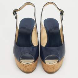 Pre Owned Jimmy Choo Navy Blue Lizard Embossed Leather Praise Wedge Sandals Size 36.5