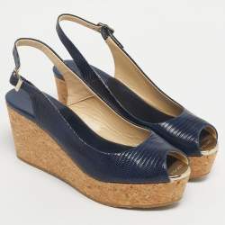 Pre Owned Jimmy Choo Navy Blue Lizard Embossed Leather Praise Wedge Sandals Size 36.5