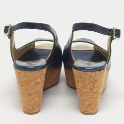 Pre Owned Jimmy Choo Navy Blue Lizard Embossed Leather Praise Wedge Sandals Size 36.5