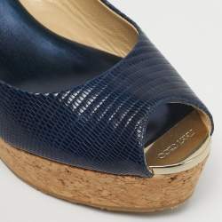 Pre Owned Jimmy Choo Navy Blue Lizard Embossed Leather Praise Wedge Sandals Size 36.5