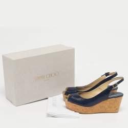 Pre Owned Jimmy Choo Navy Blue Lizard Embossed Leather Praise Wedge Sandals Size 36.5