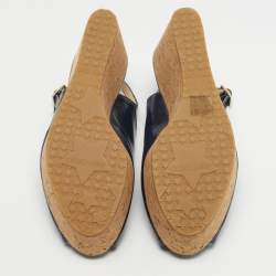 Pre Owned Jimmy Choo Navy Blue Lizard Embossed Leather Praise Wedge Sandals Size 36.5