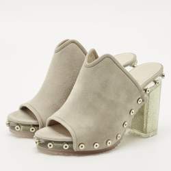 Pre Owned Jimmy Choo Grey Suede Studded Open Toe Mules Size 36.5