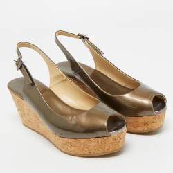 Pre Owned Jimmy Choo Metallic Patent Leather Prova Slingback Wedge Sandals Size 36.5
