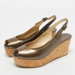 Pre Owned Jimmy Choo Metallic Patent Leather Prova Slingback Wedge Sandals Size 36.5