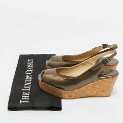 Pre Owned Jimmy Choo Metallic Patent Leather Prova Slingback Wedge Sandals Size 36.5
