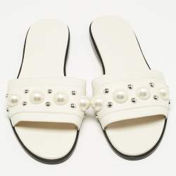 Pre Owned Jimmy Choo White Leather Minea Embellished Flat Slides Size 39