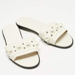 Pre Owned Jimmy Choo White Leather Minea Embellished Flat Slides Size 39