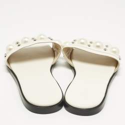 Pre Owned Jimmy Choo White Leather Minea Embellished Flat Slides Size 39