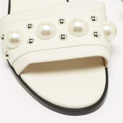 Pre Owned Jimmy Choo White Leather Minea Embellished Flat Slides Size 39