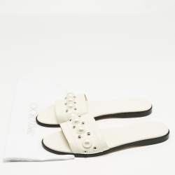 Pre Owned Jimmy Choo White Leather Minea Embellished Flat Slides Size 39