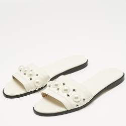 Pre Owned Jimmy Choo White Leather Minea Embellished Flat Slides Size 39