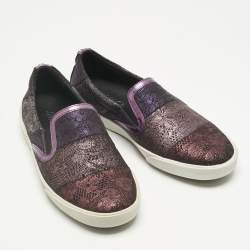 Pre Owned Jimmy Choo Metallic Purple Lace Print Suede Demi Sneakers Size 35
