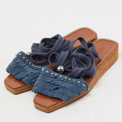 Pre Owned Jimmy Choo Blue Fringe Suede Denim Aisha Espadrille Ankle Wrap Sandals Size 38.5