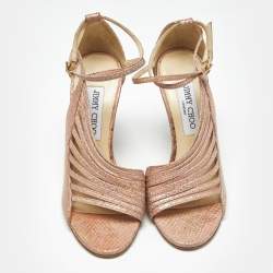 Pre Owned Jimmy Choo Pink Snakeskin Embossed Florry Ankle Strap Sandals Size 36.5