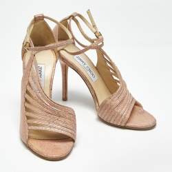 Pre Owned Jimmy Choo Pink Snakeskin Embossed Florry Ankle Strap Sandals Size 36.5