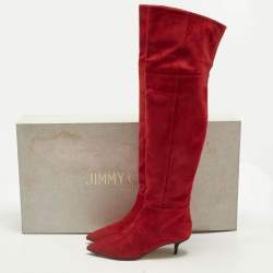 Pre Owned Jimmy Choo Red Suede Rise 50 Knee Length Boots Size 40